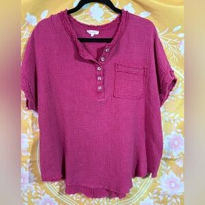 La Miel Soft Washed Crinkled Gauze Button Womens Shirt